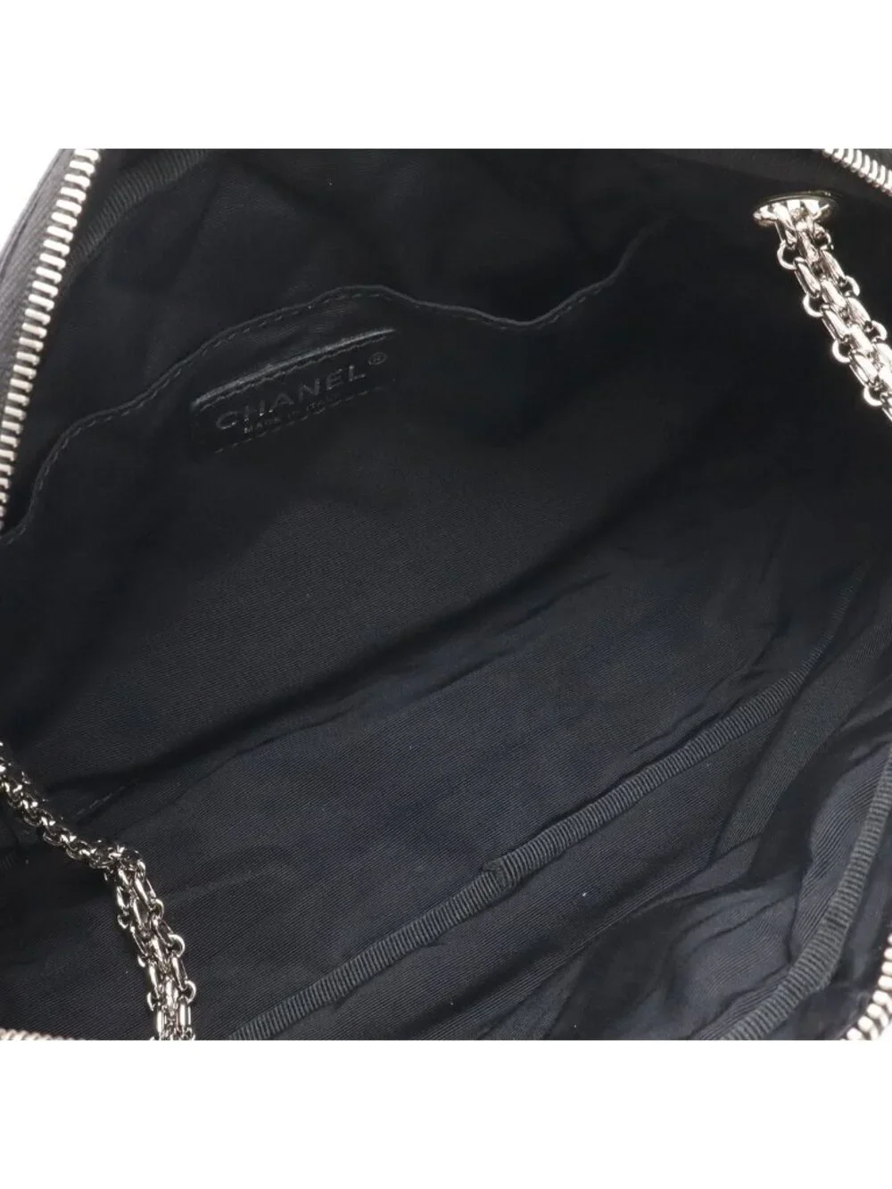 Chanel 2.55 Shoulder Bag Chain Bicolor Satin Canvas Black Ivory White Silver